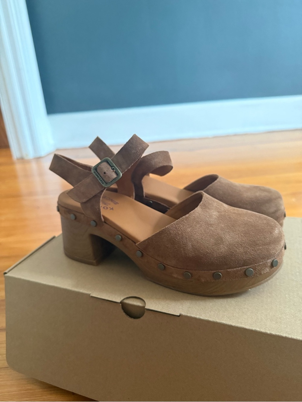Kork-Ease Brown Suede Clog Sandals with Studded Trim - Picture 4 of 8